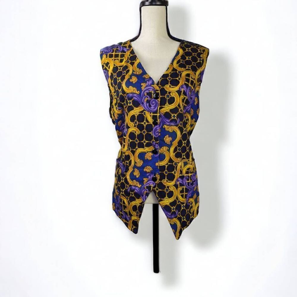 Vintage Damask Tapestry Sleeveless Button-Front Vest  Women's Large Purple and G